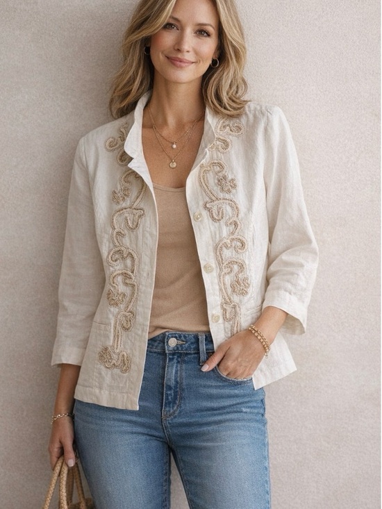Chico's Jackets & Blazers - Chico’s Ivory Linen Beaded Blazer Coastal Grandma Boho Jacket Size 2 (L)